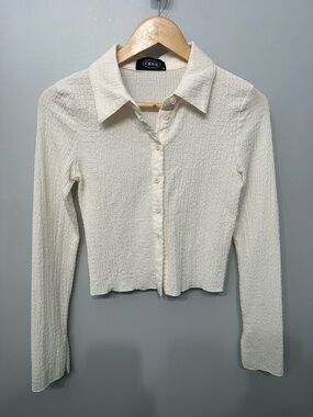 Cider Cream Textured Button-Down Collared Long Sleeve Top